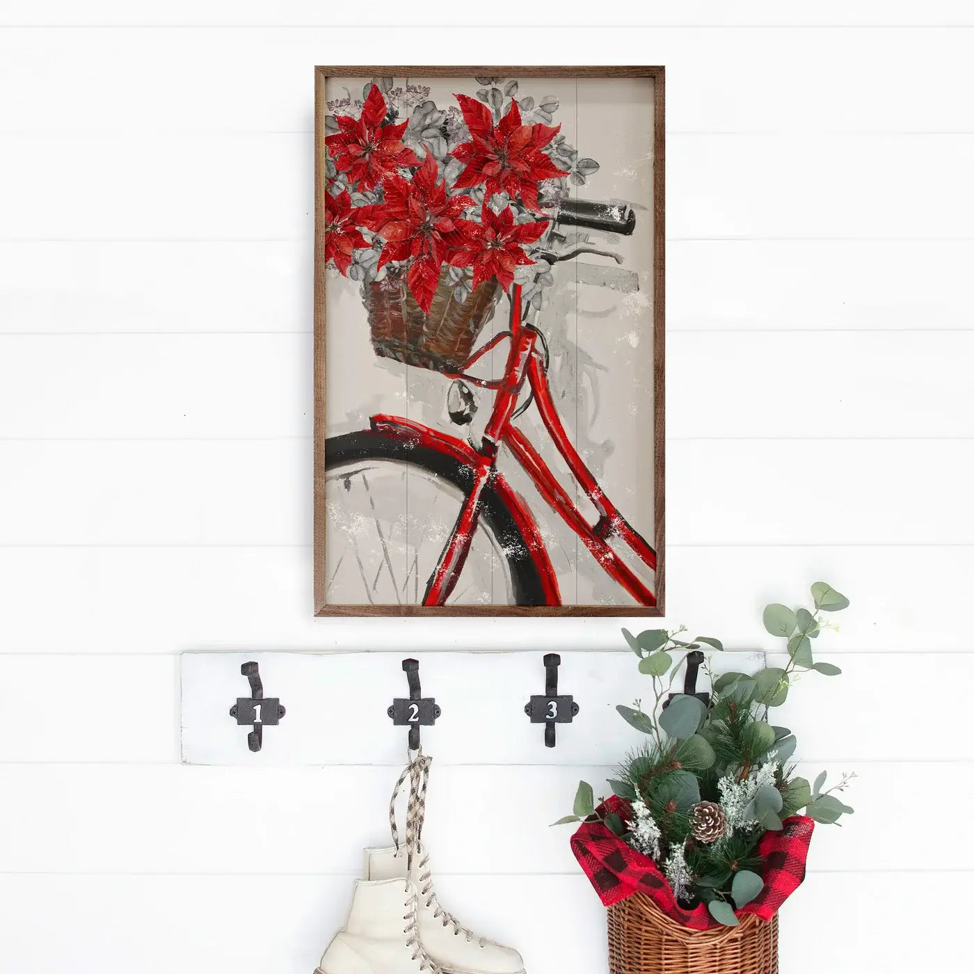 Christmas Bike With Poinsettia Wood Framed Print