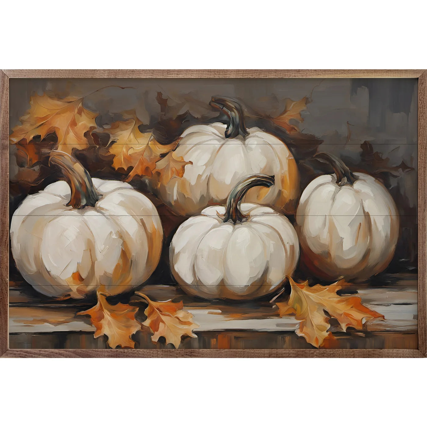 White Pumpkins With Leaves Wood Framed Print