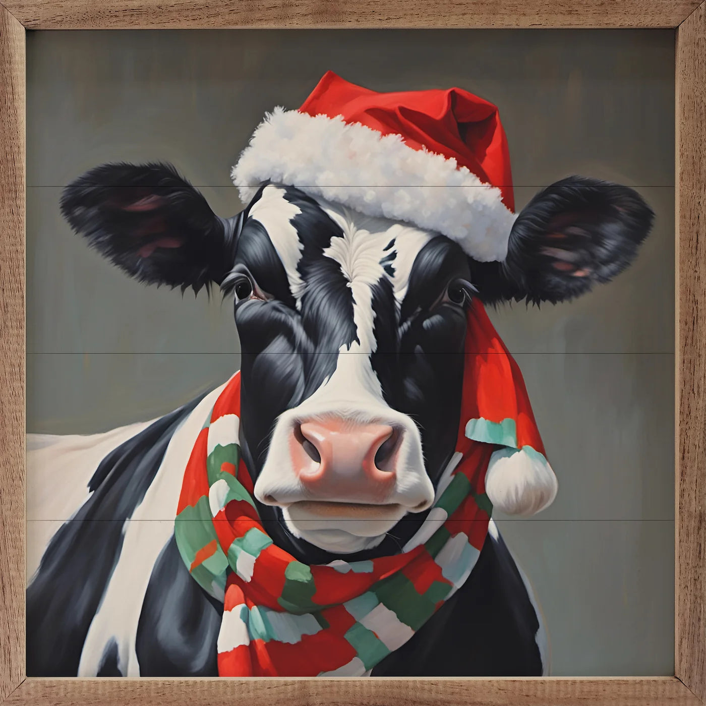 Santa Dairy Cow With Hat And Scarf Wood Framed Print