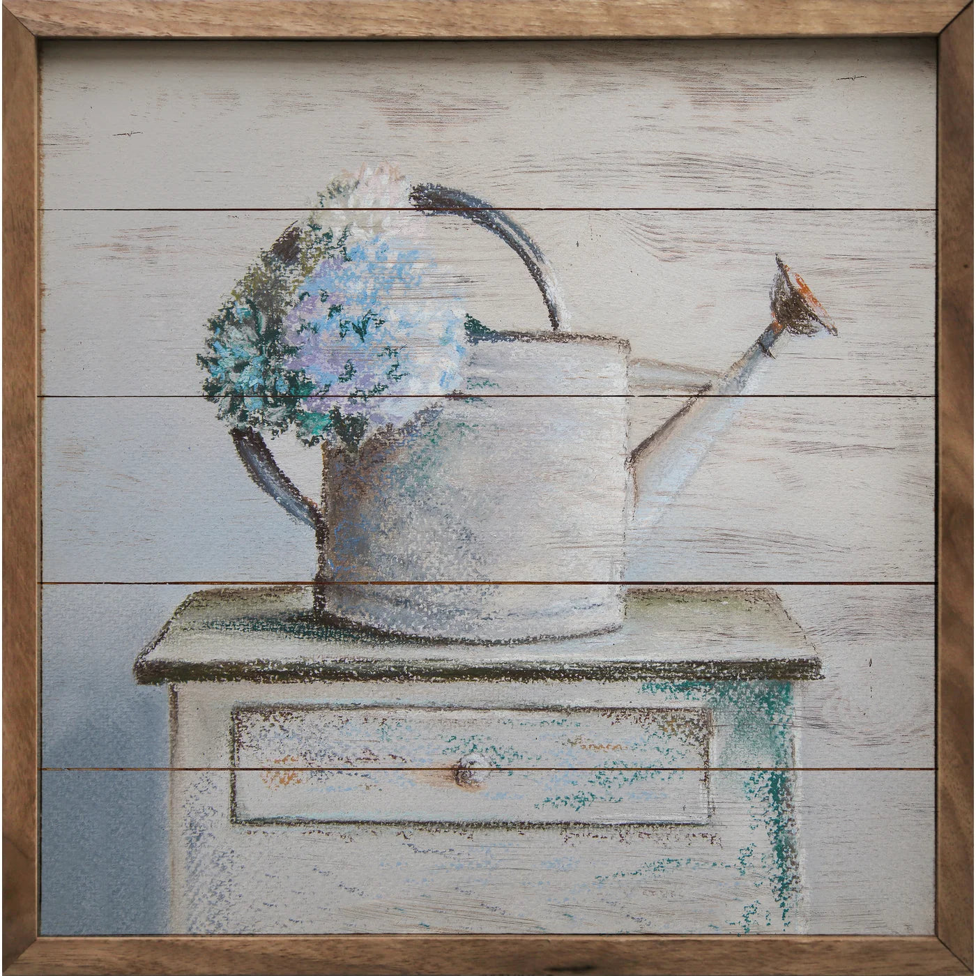 Watering Can Hydrangeas Wood Framed Print