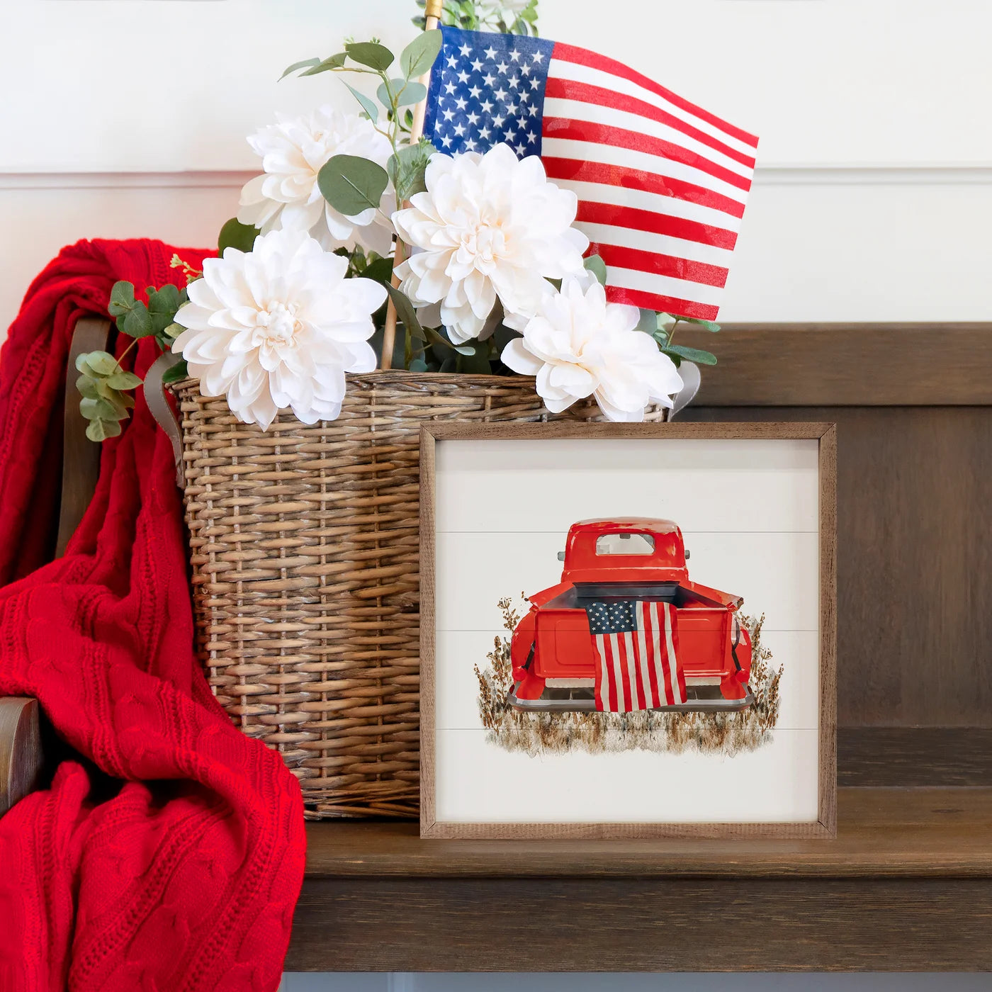 American Flag In Truck Wood Framed Print