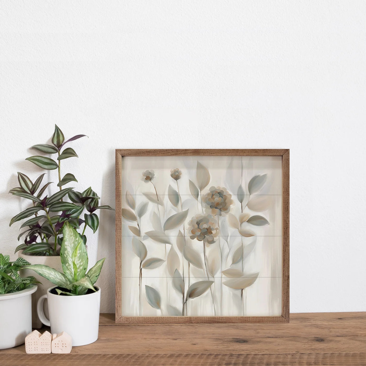 Flowers In Tan Wood Framed Print