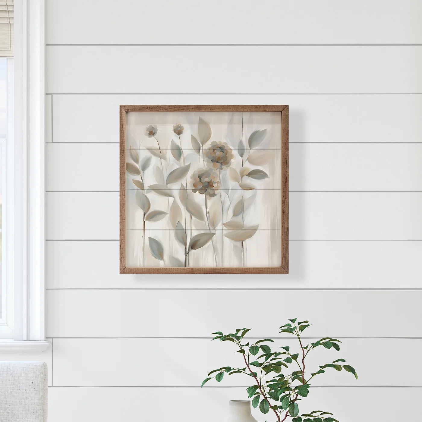 Flowers In Tan Wood Framed Print