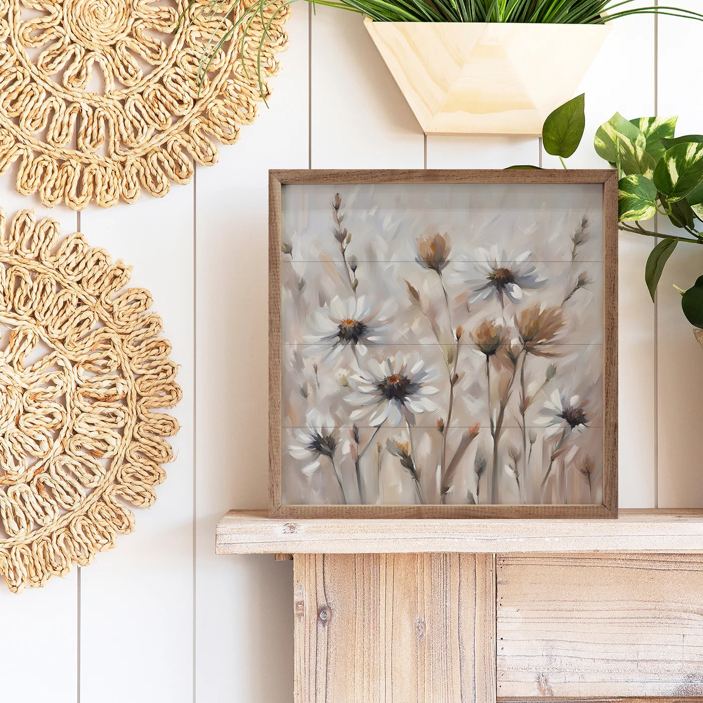 Neutral Daisy Field Wood Framed Print