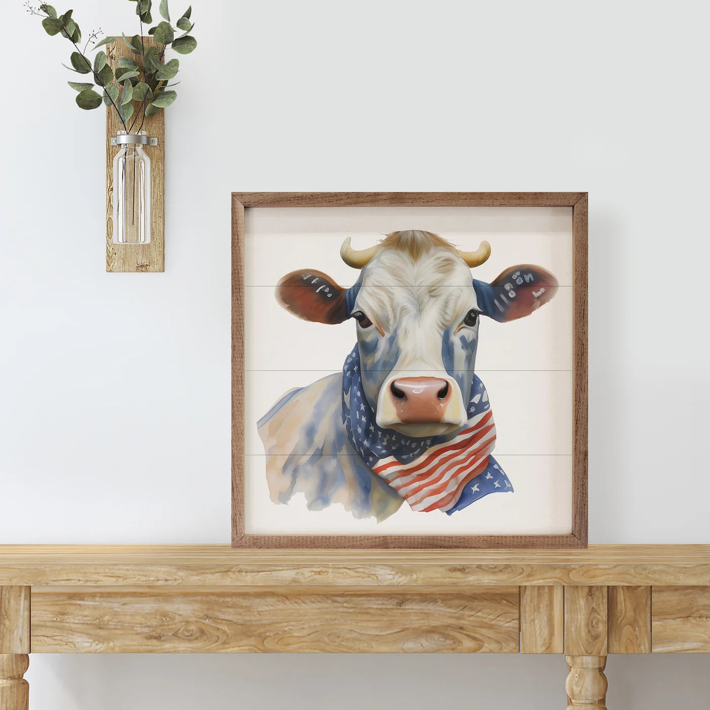 Patriotic Cow Blue Patch Face Wood Framed Print