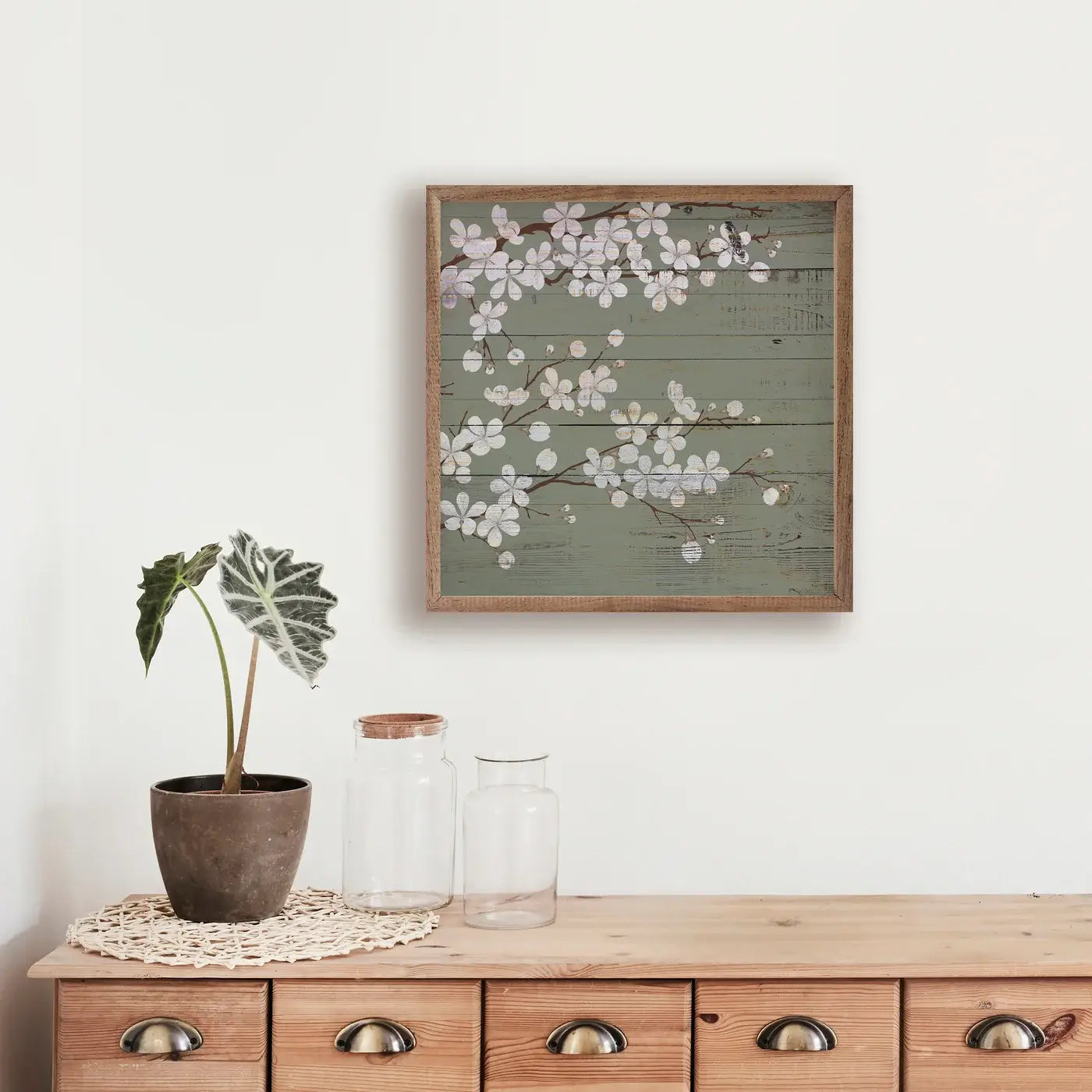 Sage Cherry Blossoms Wood Framed Print