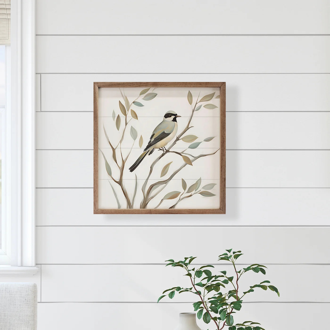 Solo Bird On Branch Wood Framed Print