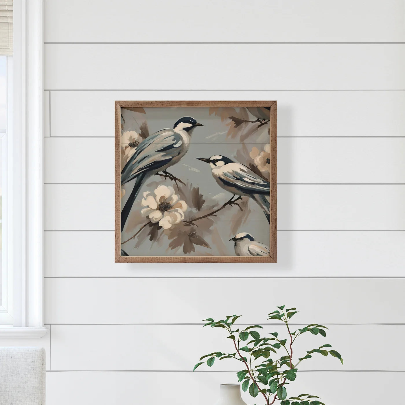 Two Birds On Floral Branch Wood Framed Print