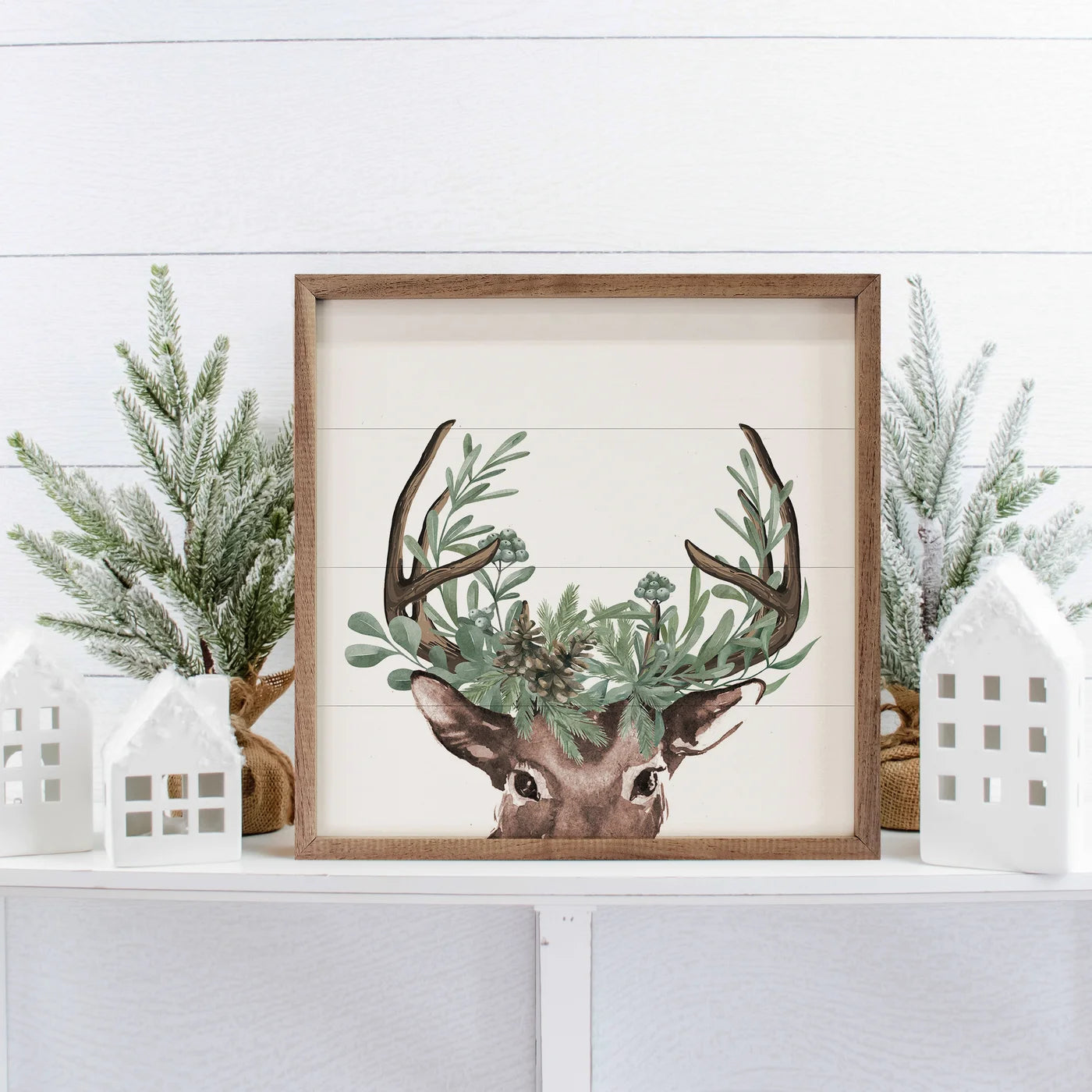 Watercolor Christmas Deer Wood Framed Print