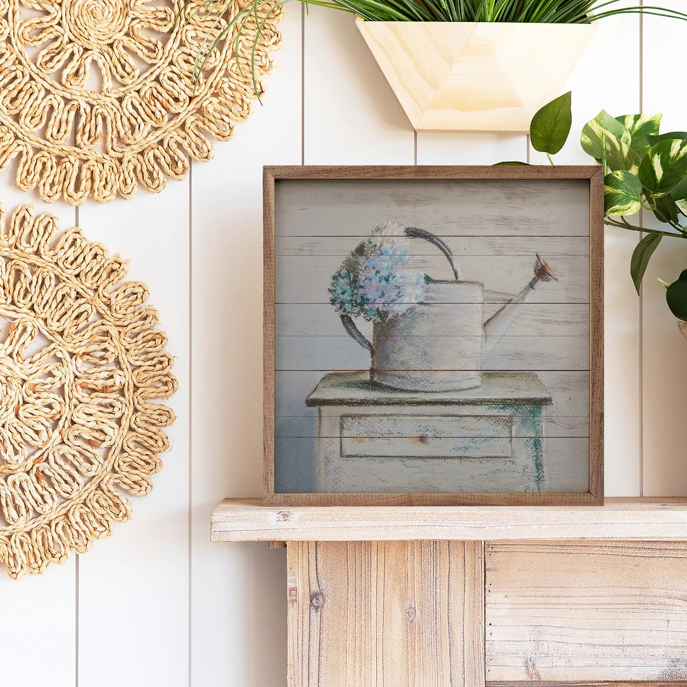 Watering Can Hydrangeas Wood Framed Print