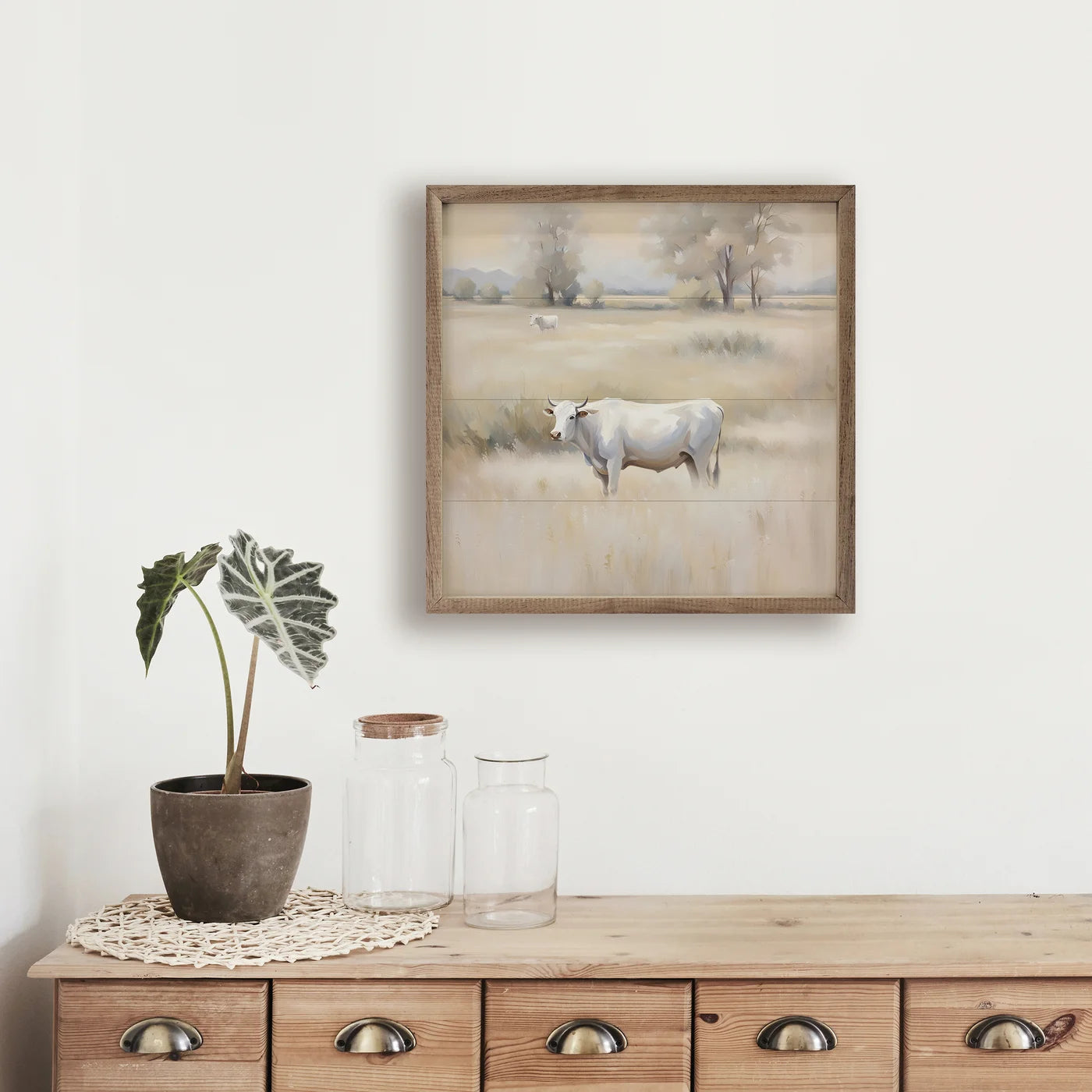 White Cow In Brown Field Wood Framed Print