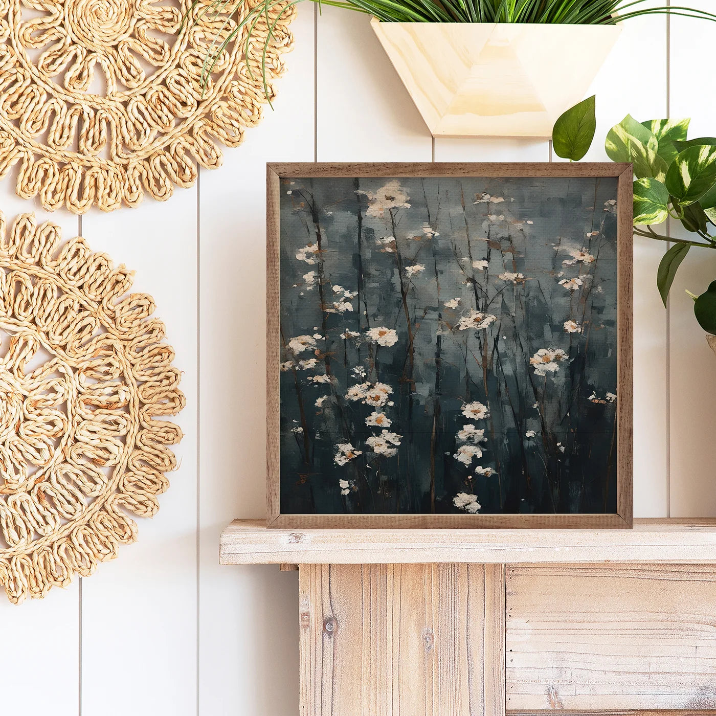 White Flowers In Dark Field Wood Framed Print