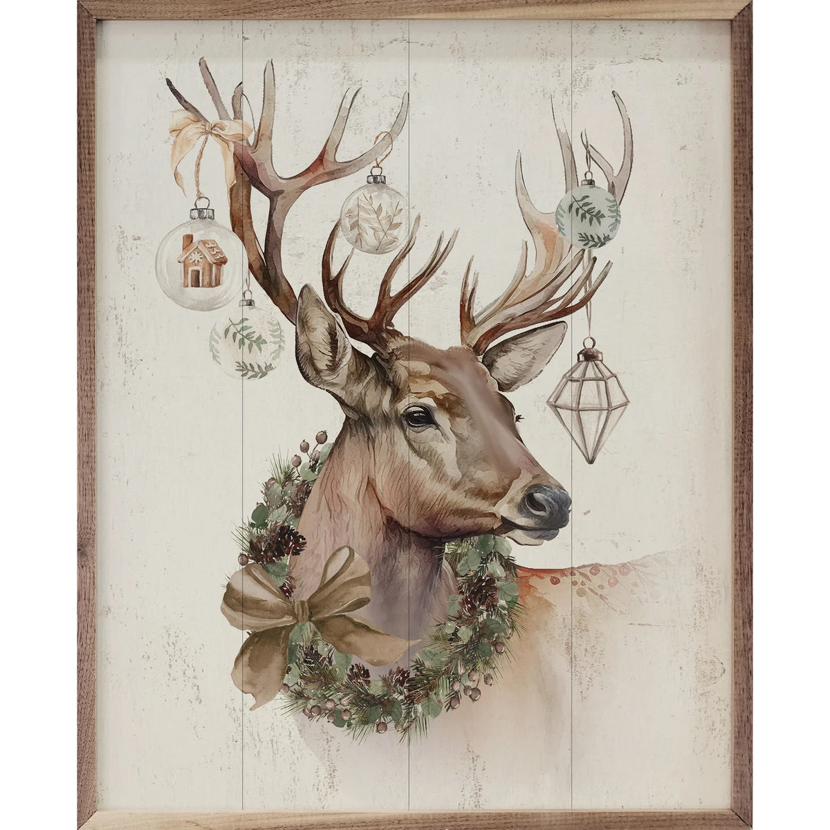 Reindeer With Ornaments &amp; Wreath Wood Framed Print