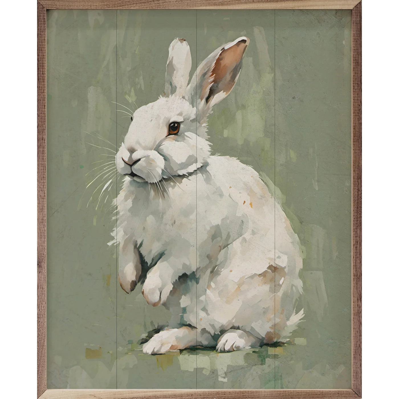 White Bunny On Green Wood Framed Print