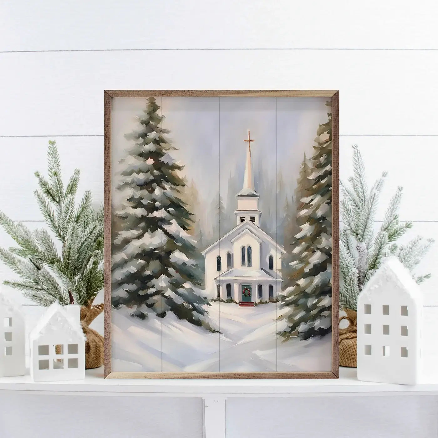 Church With Snow Wood Framed Print