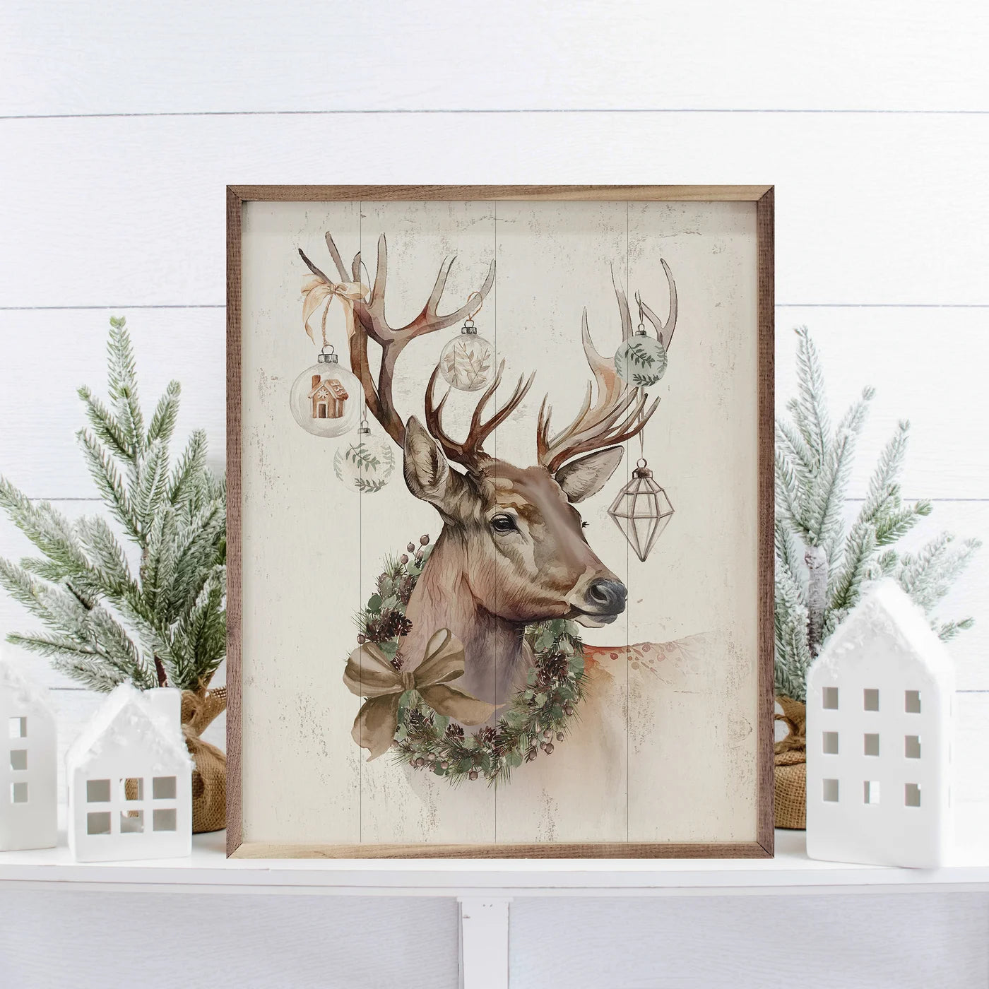 Reindeer With Ornaments & Wreath Wood Framed Print