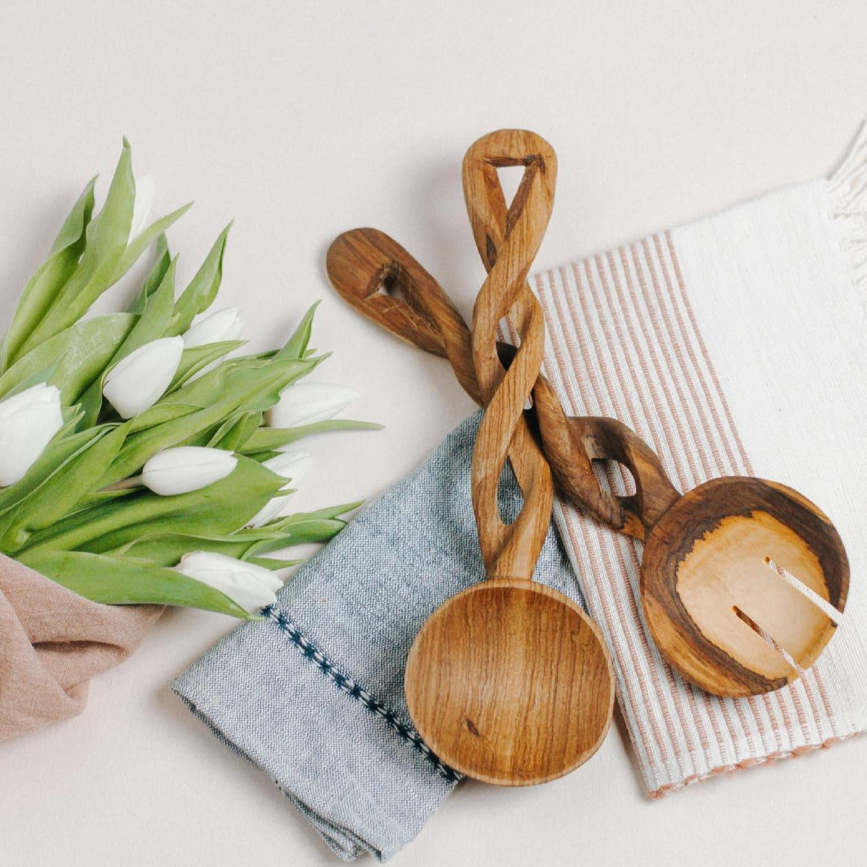 Olive Wood Spiral Salad Servers