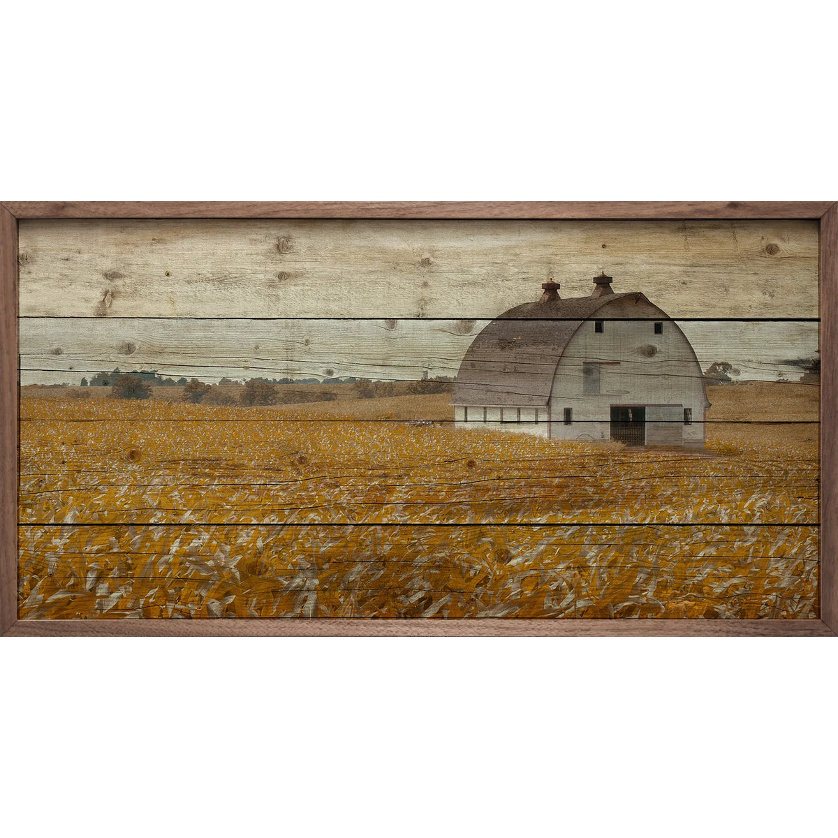 Harvest Cornfield With Barn Wood Framed Print