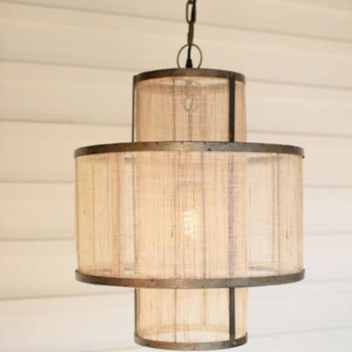 Round Double Layered Woven Fiber & Metal Pendant Light