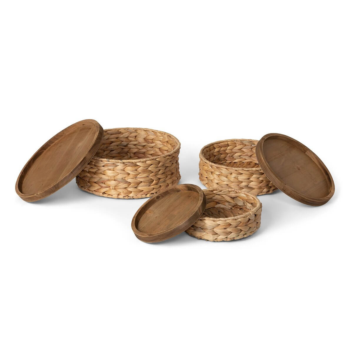 Woven Water Hyacinth Storage Basket With Wood Lid Set