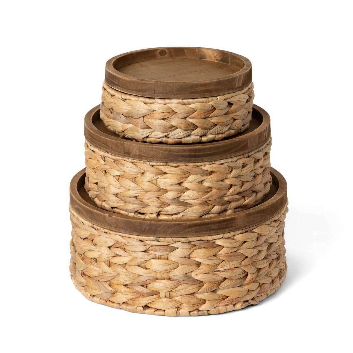 Woven Water Hyacinth Storage Basket With Wood Lid Set