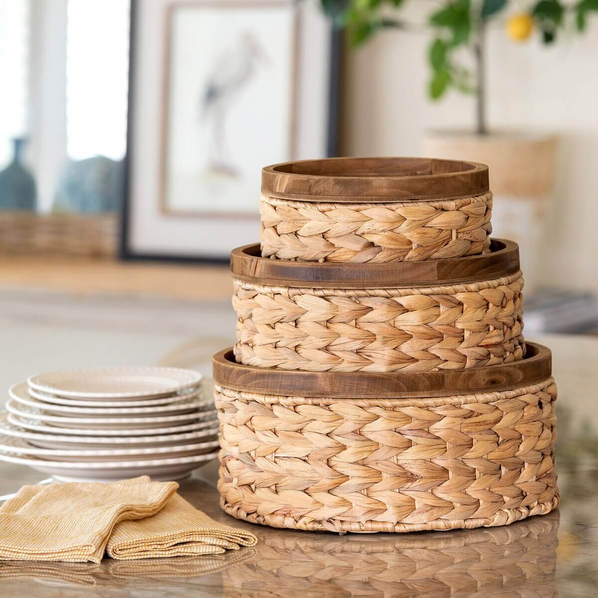 Woven Water Hyacinth Storage Basket With Wood Lid Set