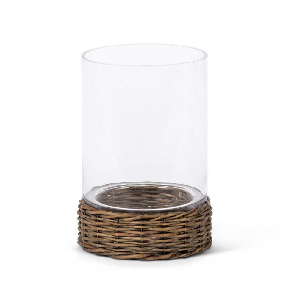 Glass Hurricane with Rattan Base