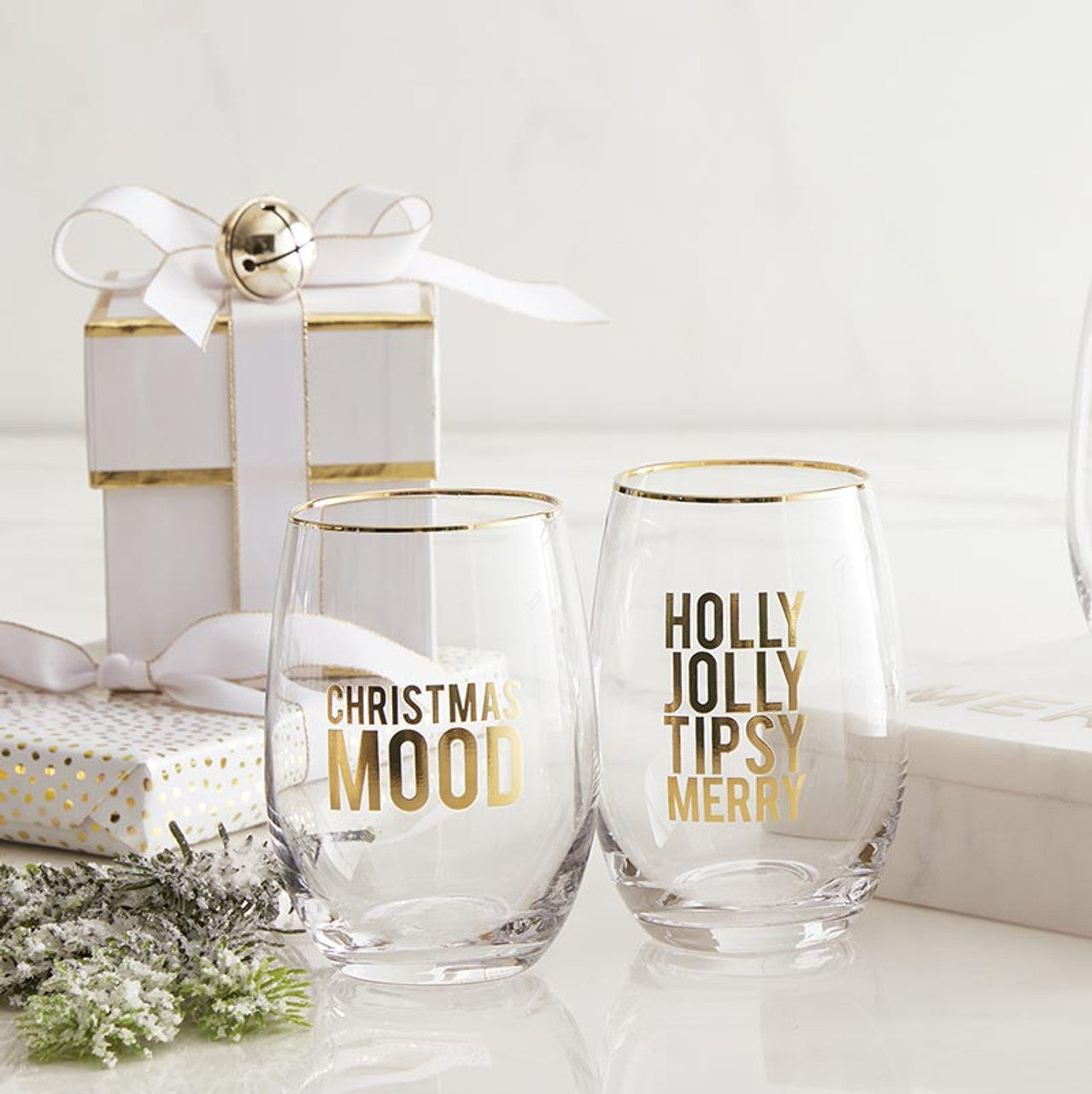 Christmas Gold Stemless Wine Glass Set