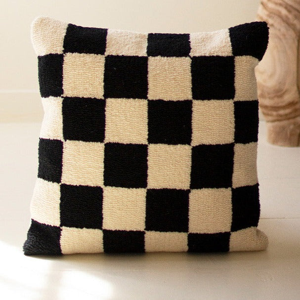 Checkered Black & White Hand Hooked Pillow