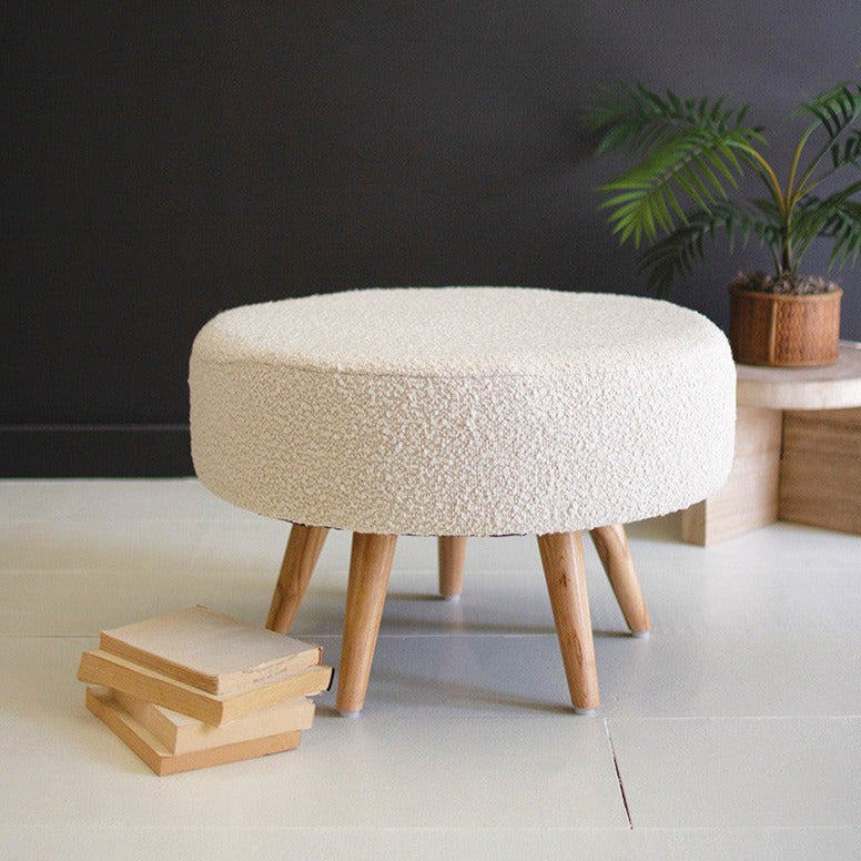 Pearl Boucle Stool with Wooden Legs