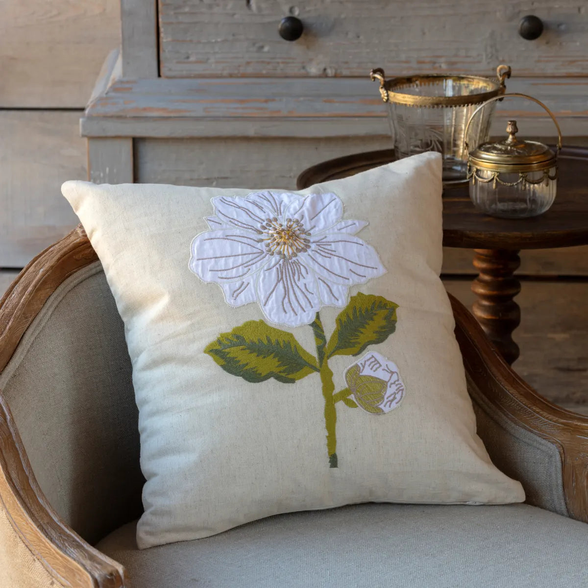 Appliqued & Embroidered Camellia pillow