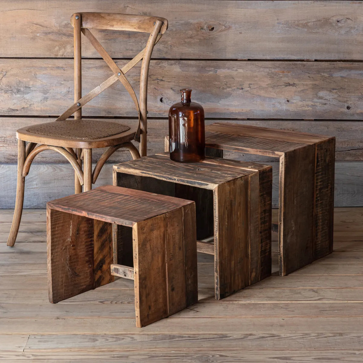 Three Stacked Primitive Wood Tables