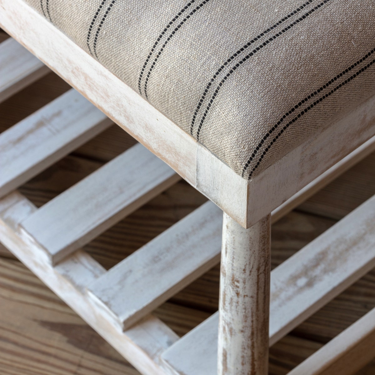 White Washed Bench with Striped Linen