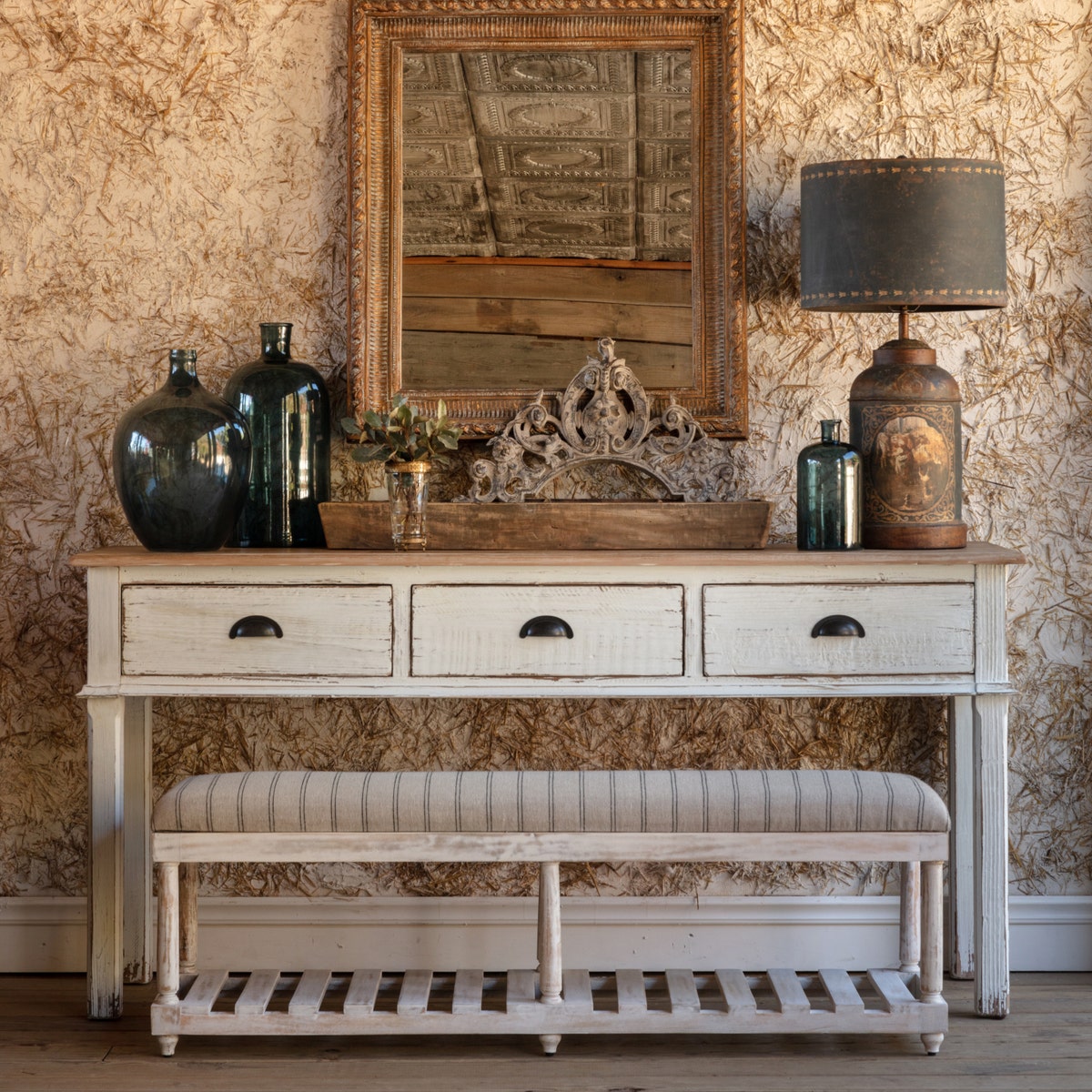 White Washed Bench with Striped Linen