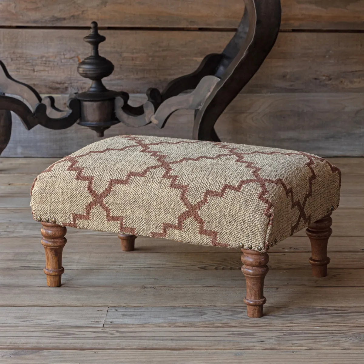 Wooden Footstool With Wool Fabric