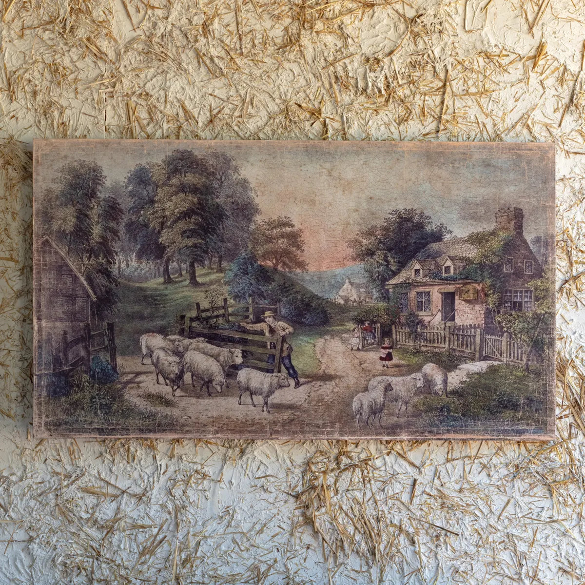 Sheep By The Cottage Aged Gallery Wrap Print