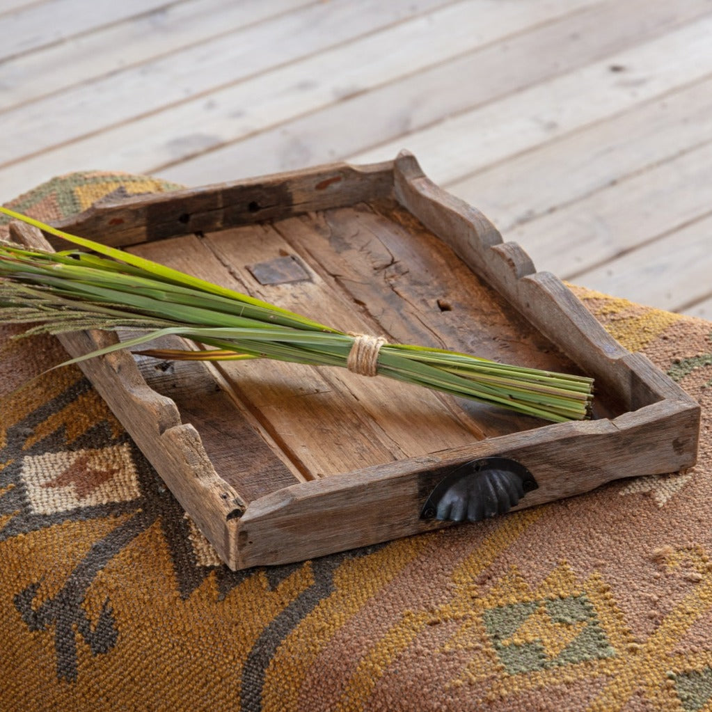 Rustic Wood Scalloped Wood Tray with Iron Handles