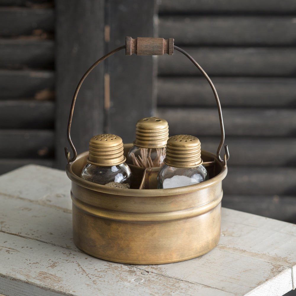 Antiqued Brass Salt Pepper &amp; Toothpick Caddy Set - A Cottage in the City