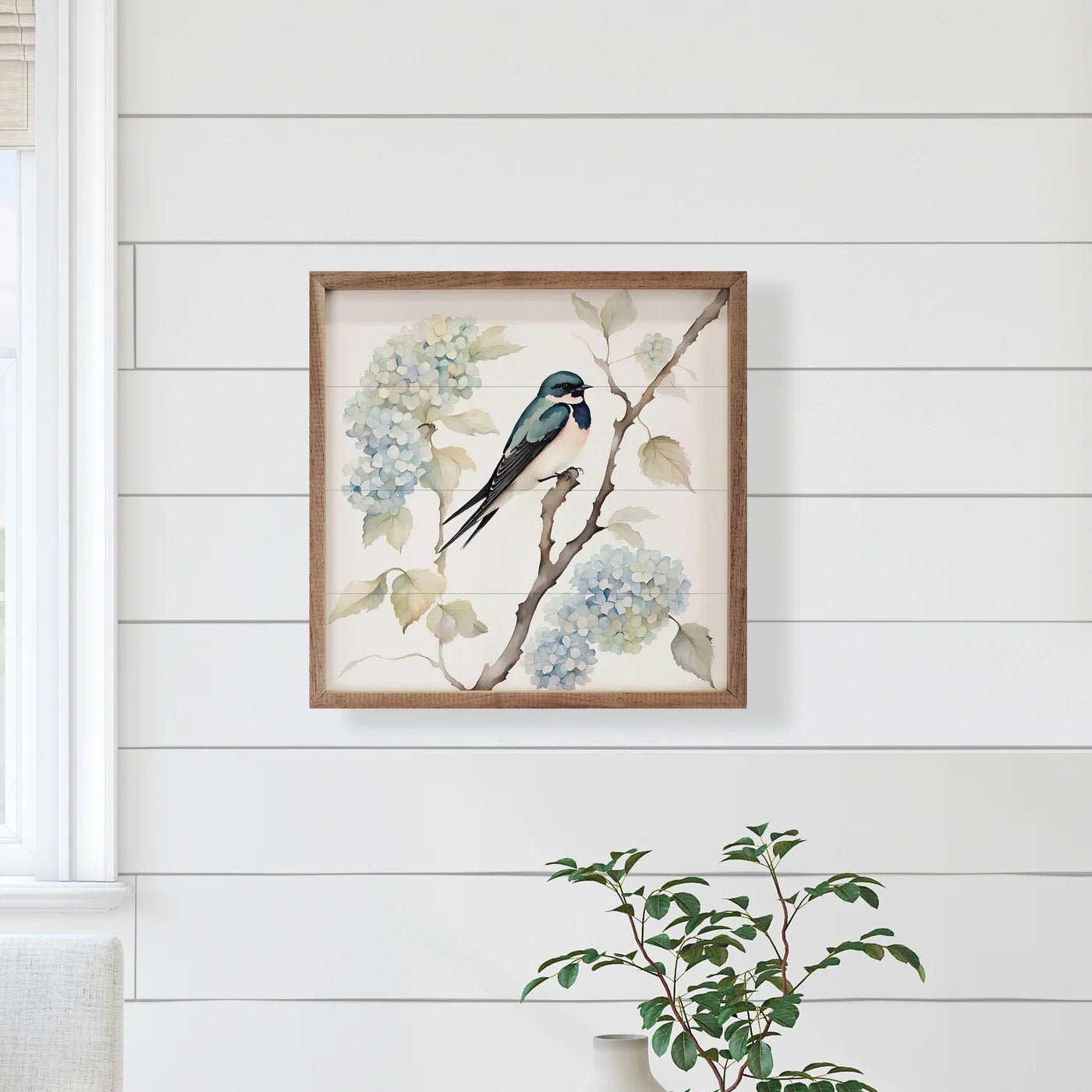 Barn Swallow On Hydrangea Bush Wood Framed Print - A Cottage in the City