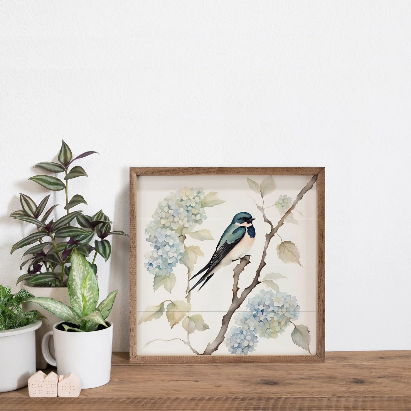 Barn Swallow On Hydrangea Bush Wood Framed Print - A Cottage in the City