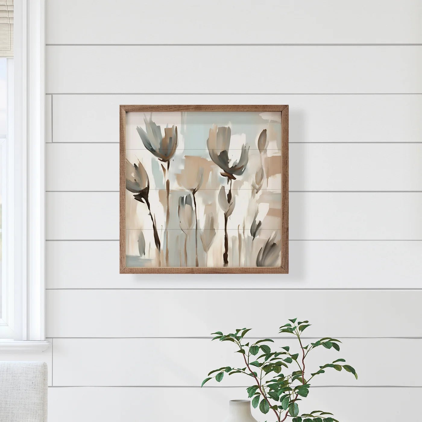 Blue And Tan Tulips Wood Framed Print - A Cottage in the City