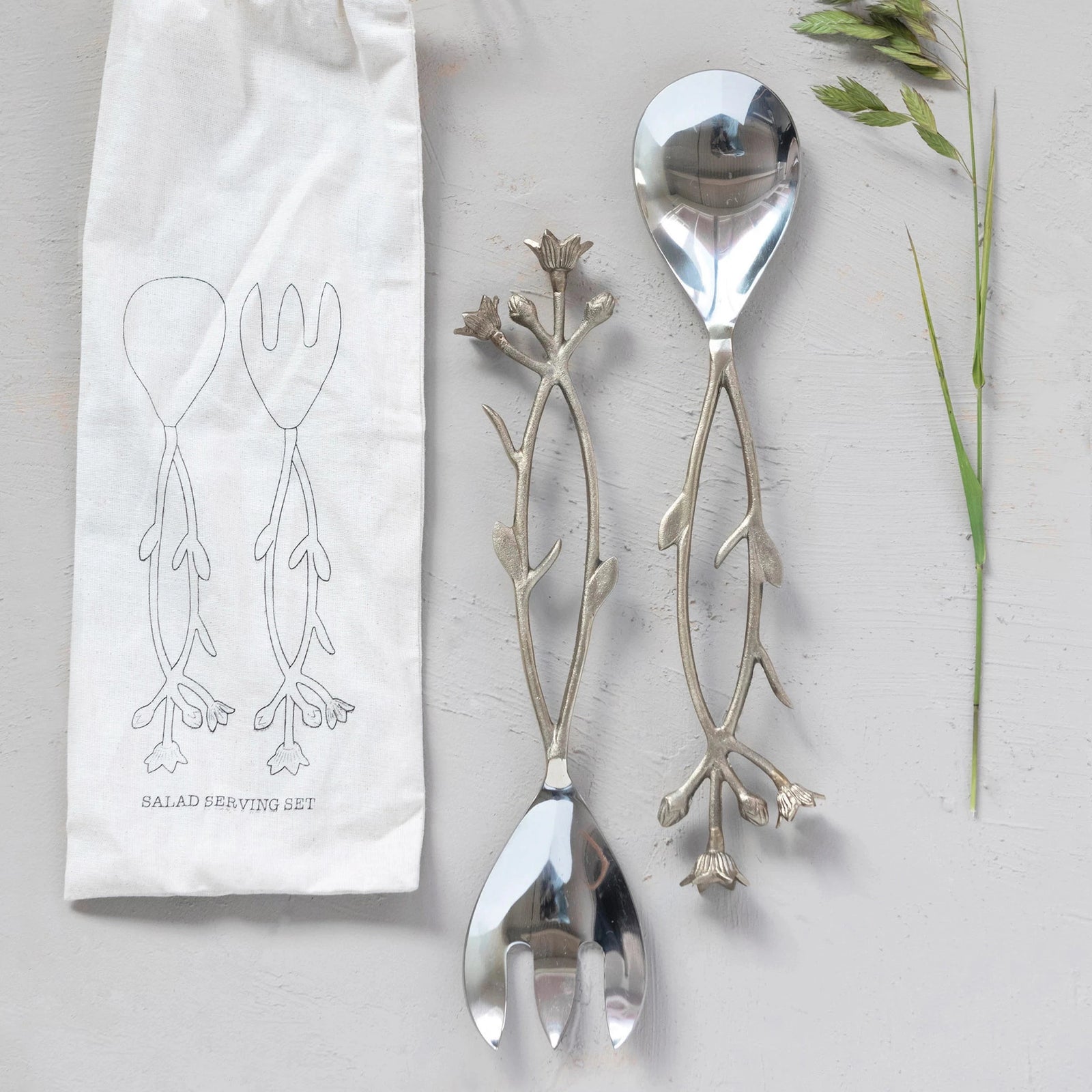 Stainless Steel & Brass Floral Salad Servers