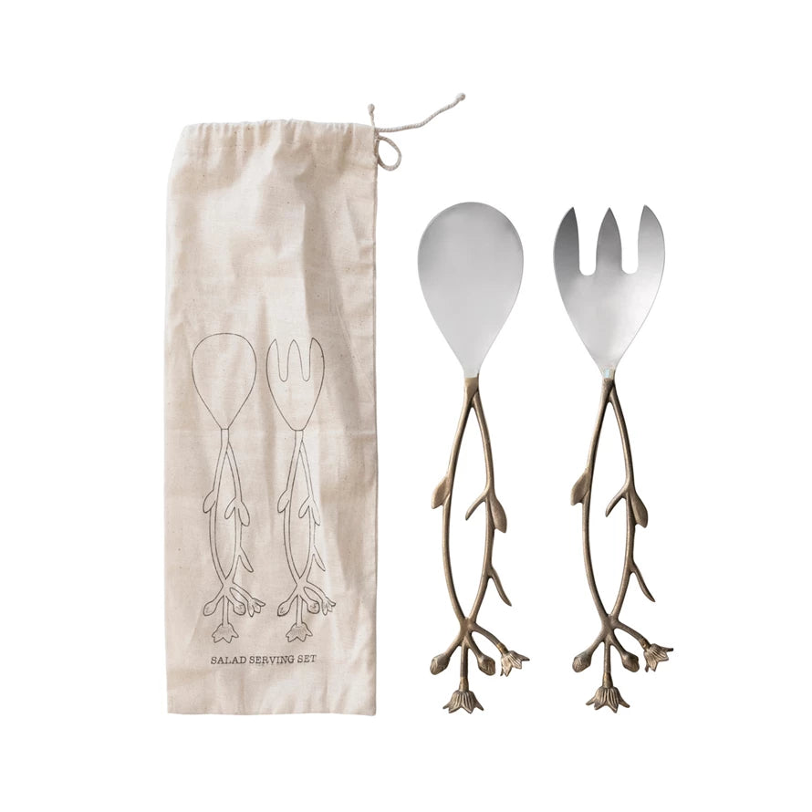 Stainless Steel & Brass Floral Salad Servers