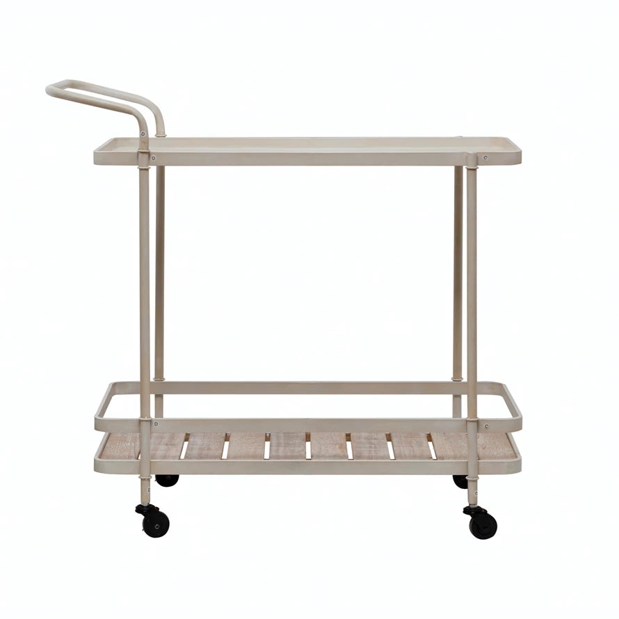 Metal Two Tier Bar Cart With Fir Wood Slatted Shelf