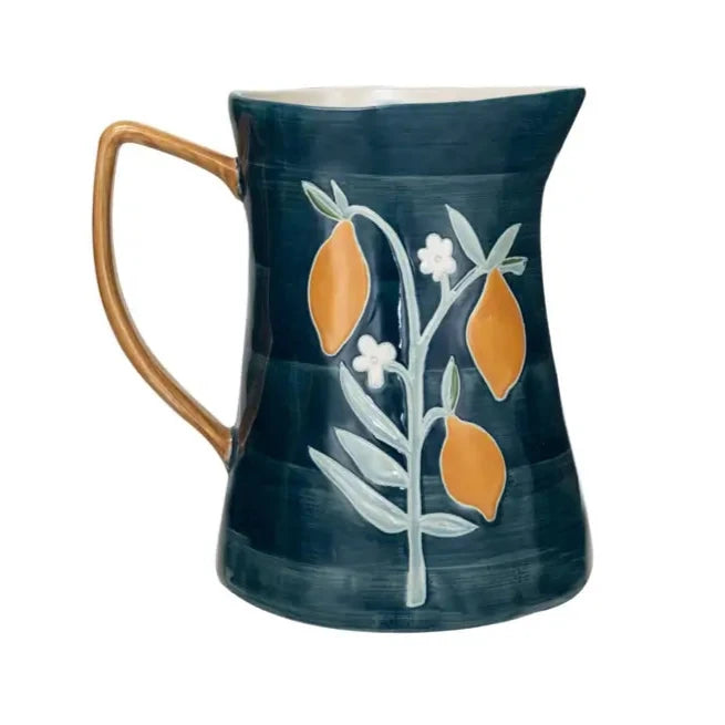 Stoneware Pitcher With Flowers & Lemons