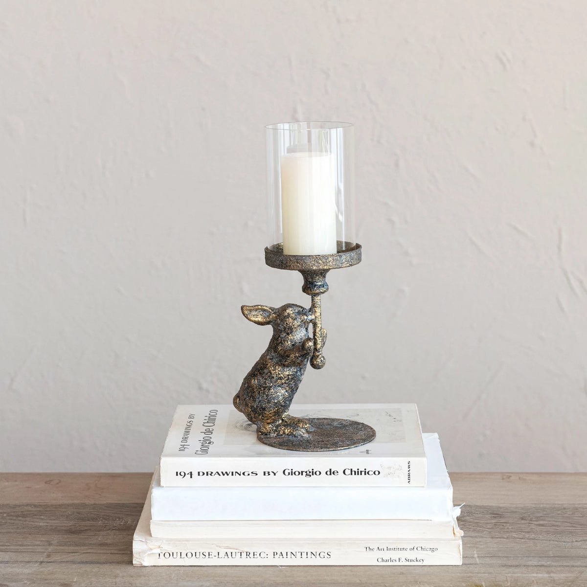 Metal Rabbit Candle Holder With Glass Hurricane