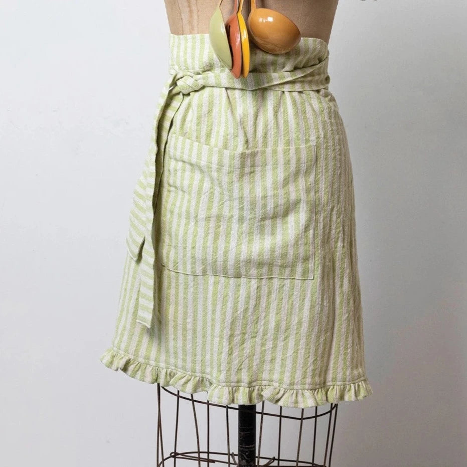 Green Striped Half Apron with Ruffle