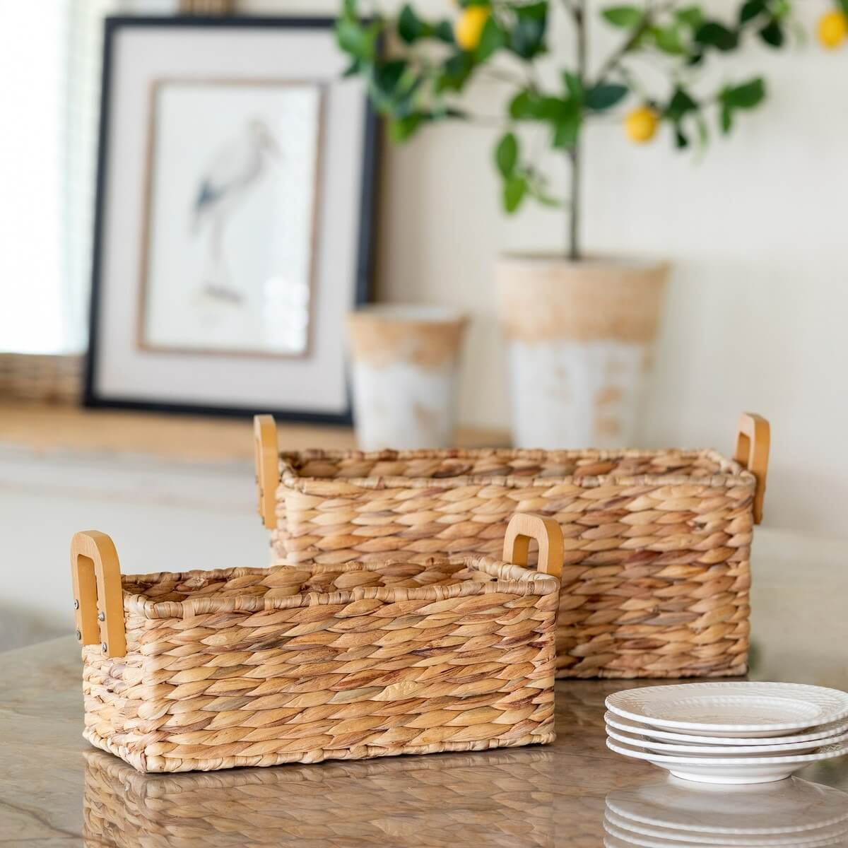 Woven Water Hyacinth Rectangle Storage Basket Set