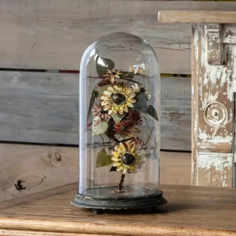 French Wire Flowers Under Glass Dome