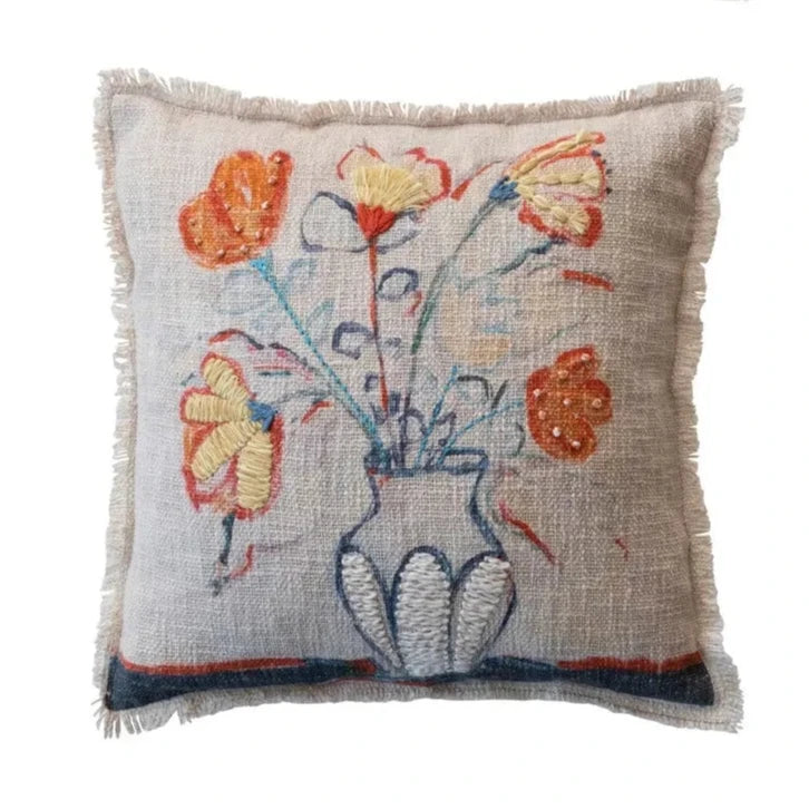 Floral Embroidered Cotton Slub Pillow